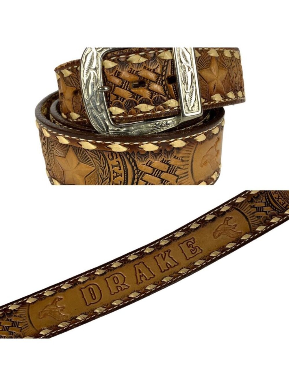 Brazos Joe Belt Co Mens Western Belt Sz 42 Brown Texas State Seal Stamped DRAKE